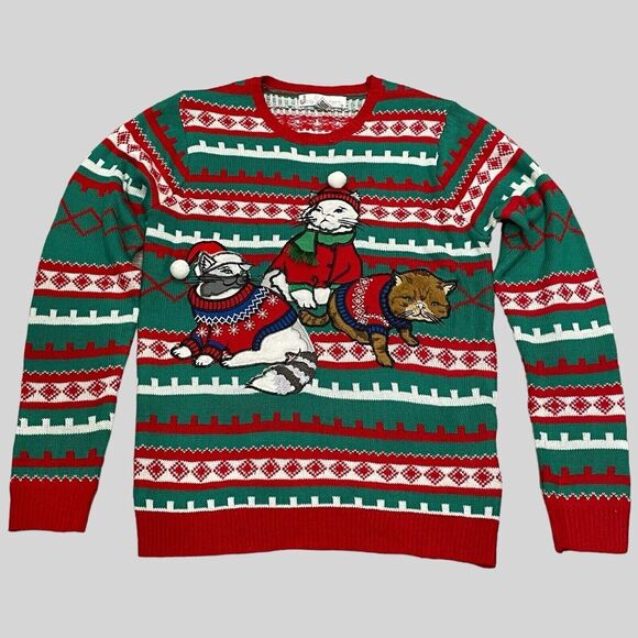 Womens Sweater Medium Festival Ugly Christmas Party Cat Design Holiday Event - Picture 1 of 7
